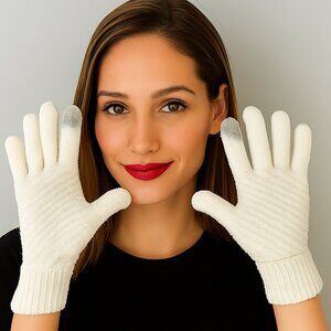 Winter Touch Screen Gloves Knitted Cuff Acrylic White OSFM New